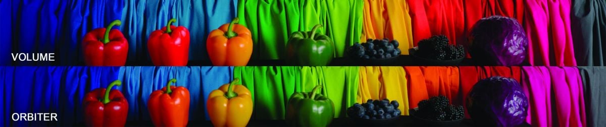 The top row of fabric and produce is lit by LED walls and the bottom row by LED cinema lights. The lack of yellow wavelengths on the top row affect proper color representation of the bell peppers, and the cabbage is an example of a lack of deep blue. These items skew toward red, specifically, because of the high power and saturation of the red LEDs.